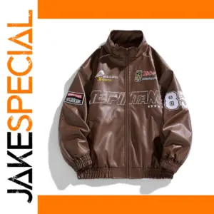 Brown PU Leather Jacket with Patches