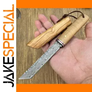Damascus Steel Tanto Knife with Wooden Sheath