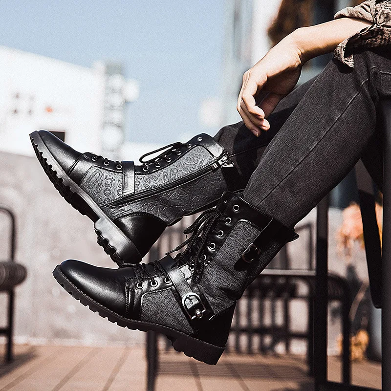 Retro Punk Mid-Calf Motorcycle Boots Men 8 Retro Punk Mid-Calf Motorcycle Boots Men - Image 8