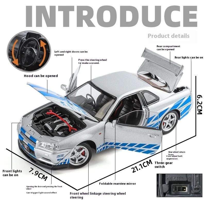 1:24 GTR-R34 Alloy Car Model with Sound 2 1:24 GTR-R34 Alloy Car Model with Sound - Image 2
