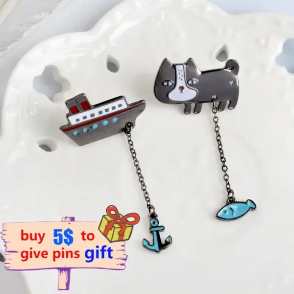 Funny Cartoon Cat Brooch Pin with Chain for Denim Jackets - Image 4