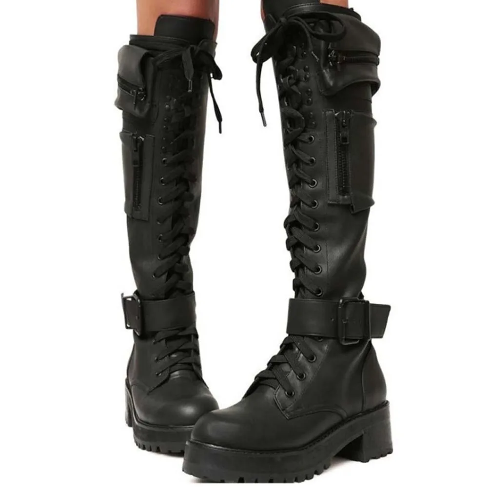 Women’s Gothic Zipper Knee High Boots with Chunky Heel 7 Women’s Gothic Zipper Knee High Boots with Chunky Heel - Image 7