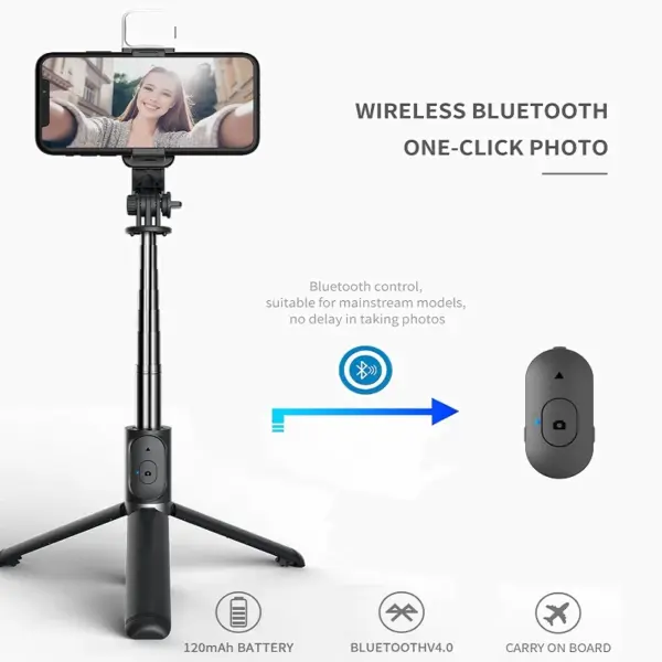 Wireless Bluetooth Selfie Stick Tripod with Light - Image 3
