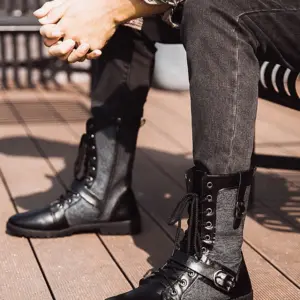 Retro Punk Mid-Calf Motorcycle Boots Men 13 S8522d10898c14073ab5e77b804b39aff0