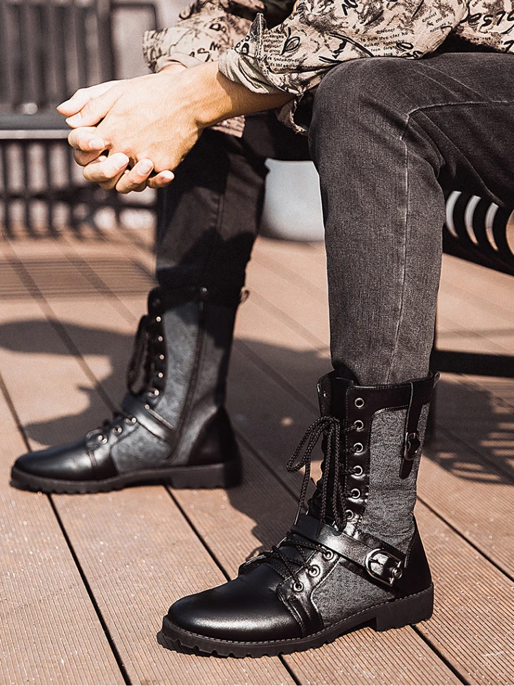 Retro Punk Mid-Calf Motorcycle Boots Men 6 Retro Punk Mid-Calf Motorcycle Boots Men - Image 6