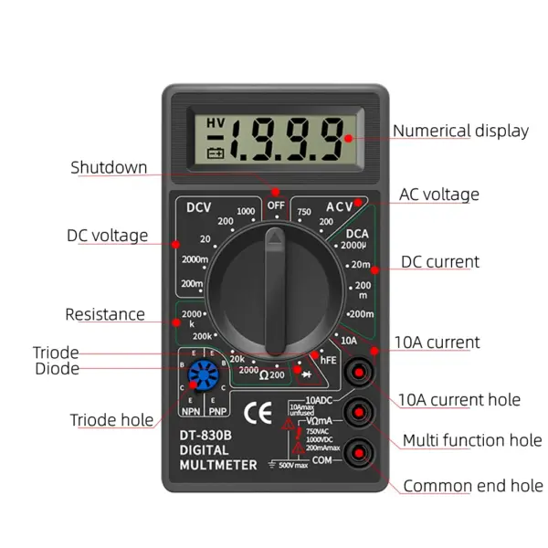 DT830B Digital Multimeter for Precise Voltage and Current Testing - Image 2