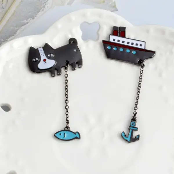 Funny Cartoon Cat Brooch Pin with Chain for Denim Jackets - Image 6