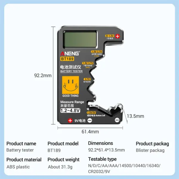 BT189 9V & Button Battery Tester with LCD Display - Image 6