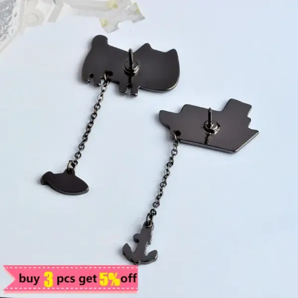 Funny Cartoon Cat Brooch Pin with Chain for Denim Jackets - Image 3