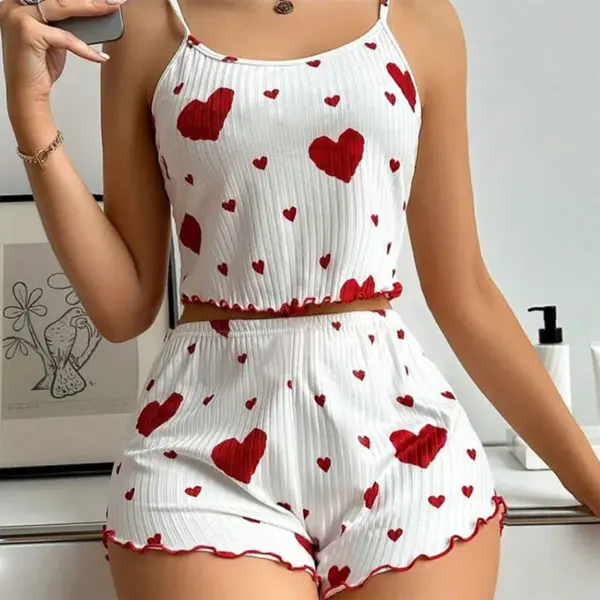 Heart Print Ruffled Tank Top and Shorts Set - Image 2