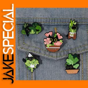 Cute Black Cat with Plant Enamel Pins for Women