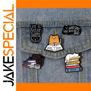 Book Cat Reading Coffee Enamel Pins for Bags