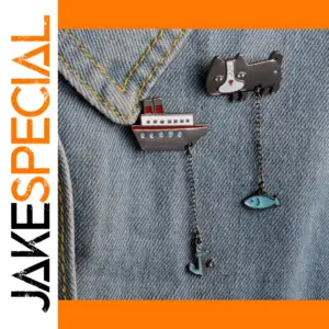 Funny Cartoon Cat Brooch Pin with Chain for Denim Jackets