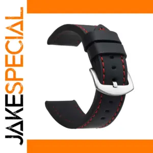 Black Leather Watch Strap 24mm with Red Stitching