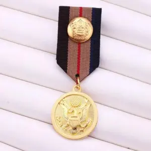 Military-Inspired Gold-Tone Medal Pin with Ribbon
