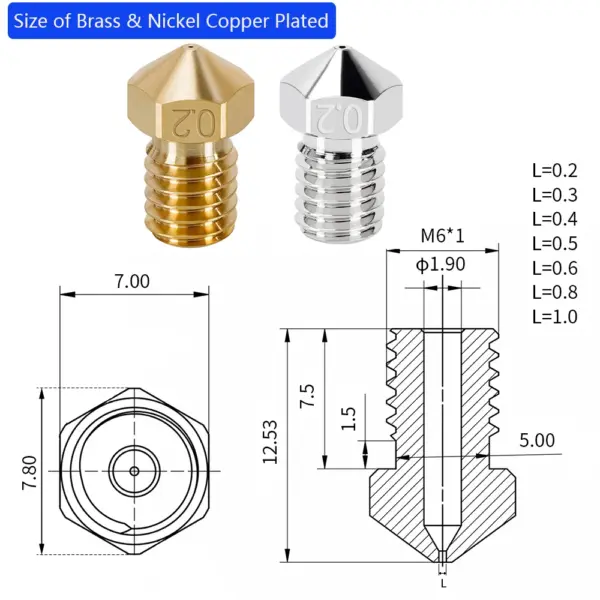 2pcs M6 Thread Nozzles for E3D V5 V6 3D Printers - Image 3