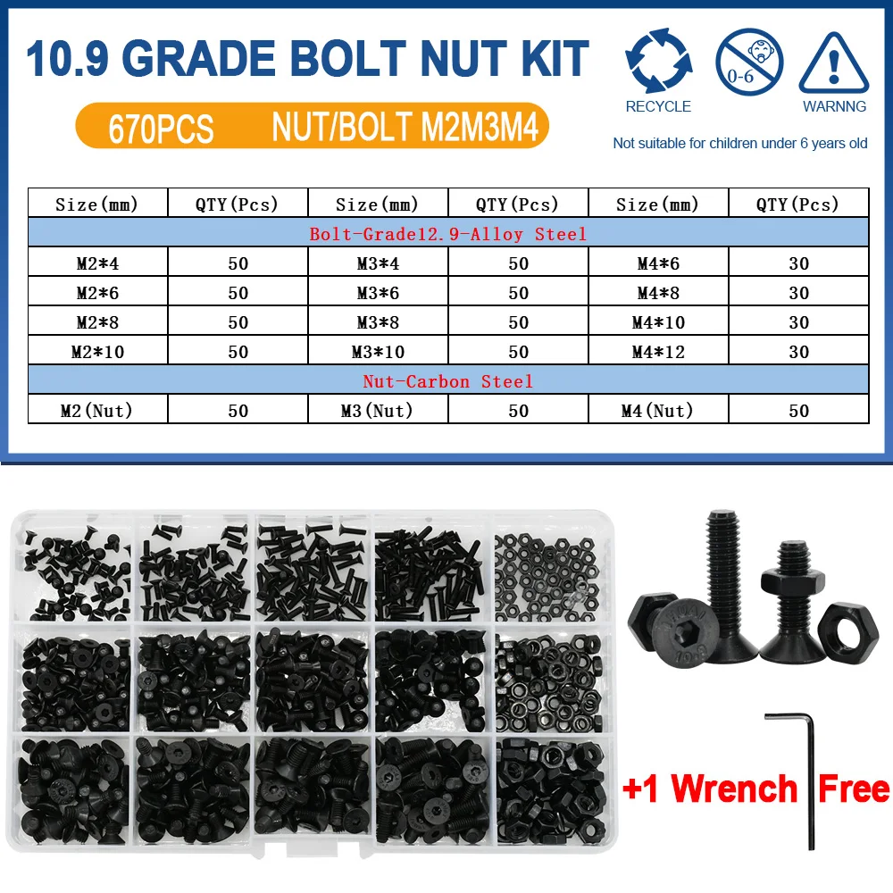 Grade 10.9 Carbon Steel Bolt Nut Kit M2-M6 9 Grade 10.9 Carbon Steel Bolt Nut Kit M2-M6 - Image 9