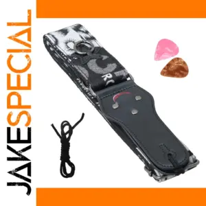 Adjustable Black and White Guitar Strap with Picks