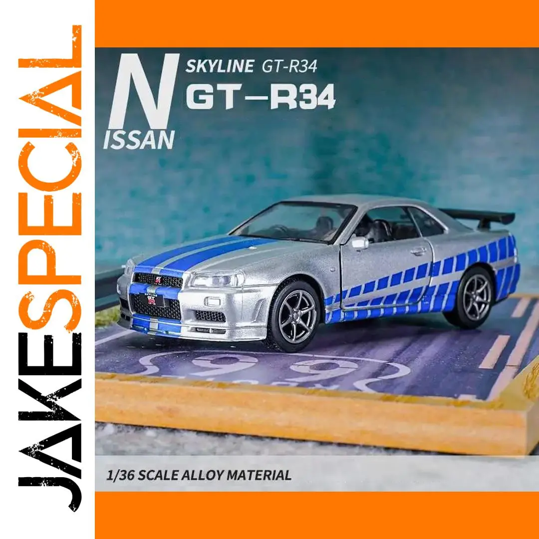 1:36 Nissan GT-R R34 Diecast Model Silver Blue 1 1:36 Nissan GT-R R34 Diecast Model Silver Blue