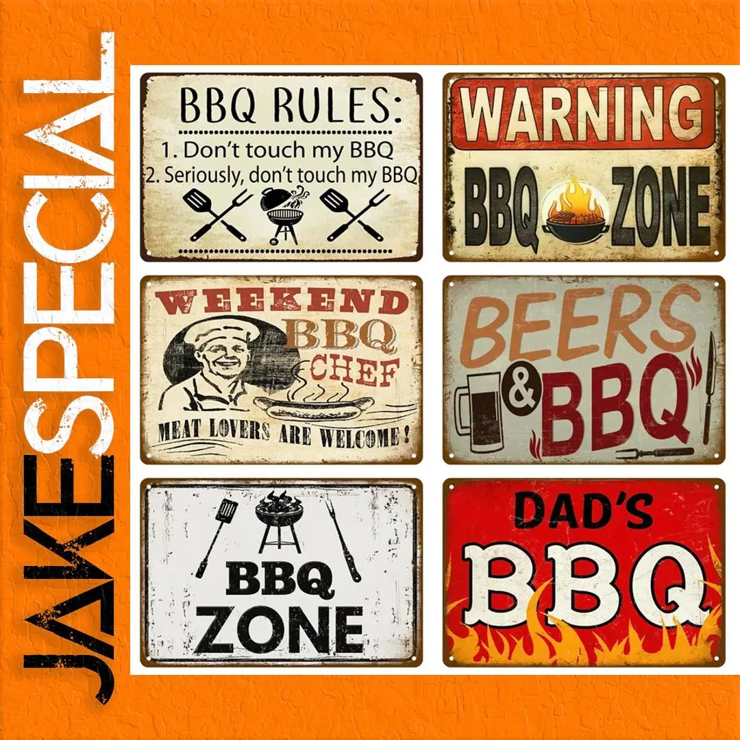 Vintage BBQ Zone Metal Sign Set of Six 1 Vintage BBQ Zone Metal Sign Set of Six