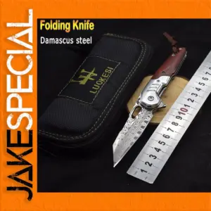 Damascus Steel Folding Knife with Rosewood Handle