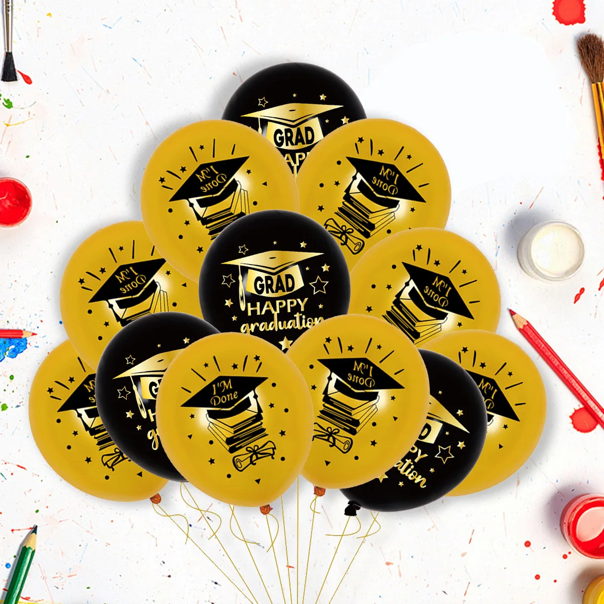 Graduation Balloons Set 10 Latex 12" Black, Gold, Yellow 2 Graduation Balloons Set 10 Latex 12" Black, Gold, Yellow - Image 2