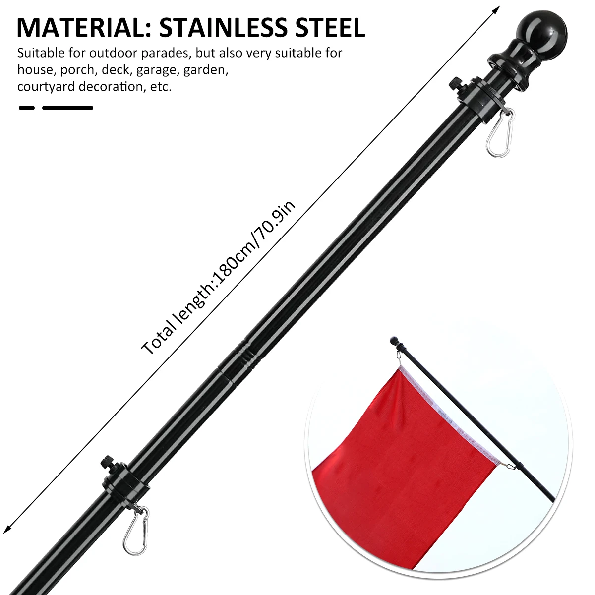 1.8m Stainless Steel Telescopic Flagpole Black White 6 1.8m Stainless Steel Telescopic Flagpole Black White - Image 6