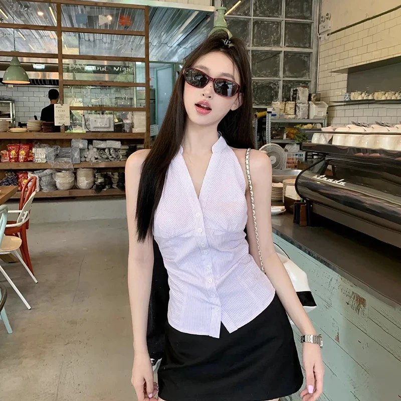 Backless Women's Striped Sleeveless Top 2 Backless Women's Striped Sleeveless Top - Image 2