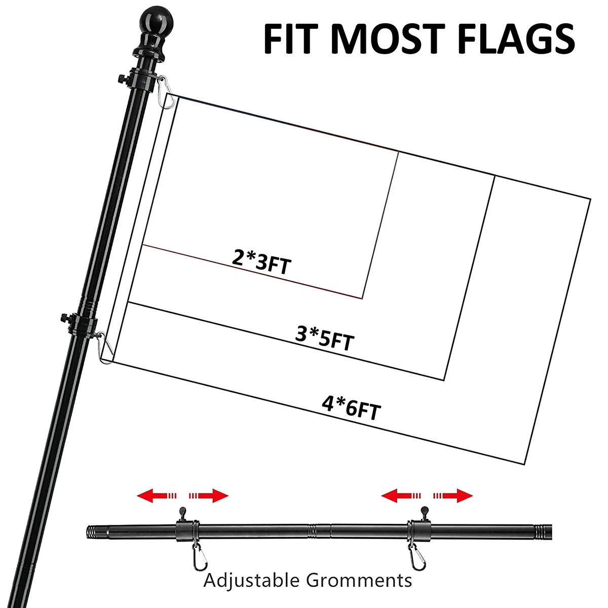 1.8m Stainless Steel Telescopic Flagpole Black White 5 1.8m Stainless Steel Telescopic Flagpole Black White - Image 5
