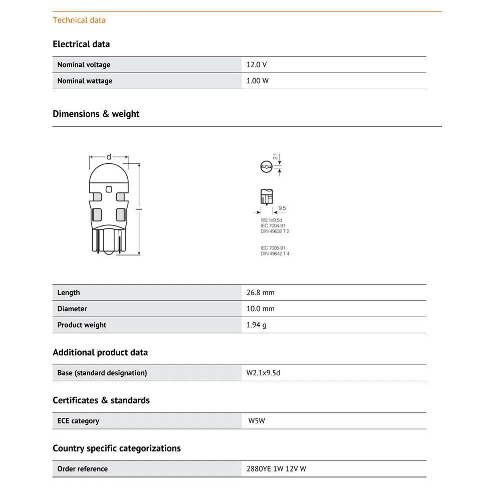 OSRAM LED T10 WY5W 2880YE Vehicle Bulb 2 Pack 5 OSRAM LED T10 WY5W 2880YE Vehicle Bulb 2 Pack - Image 5