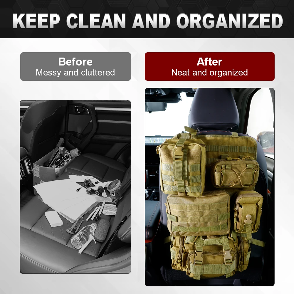 Khaki Tactical Car Seat Organizer with MOLLE Pouches 4 Khaki Tactical Car Seat Organizer with MOLLE Pouches - Image 4