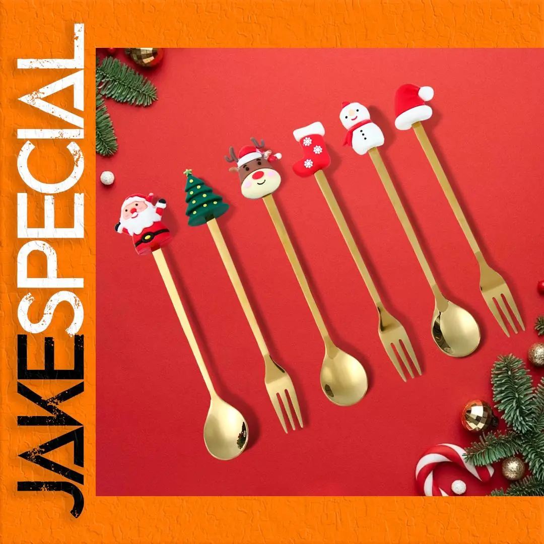 Gold Christmas Utensil Set with Holiday Mascots 1 Gold Christmas Utensil Set with Holiday Mascots