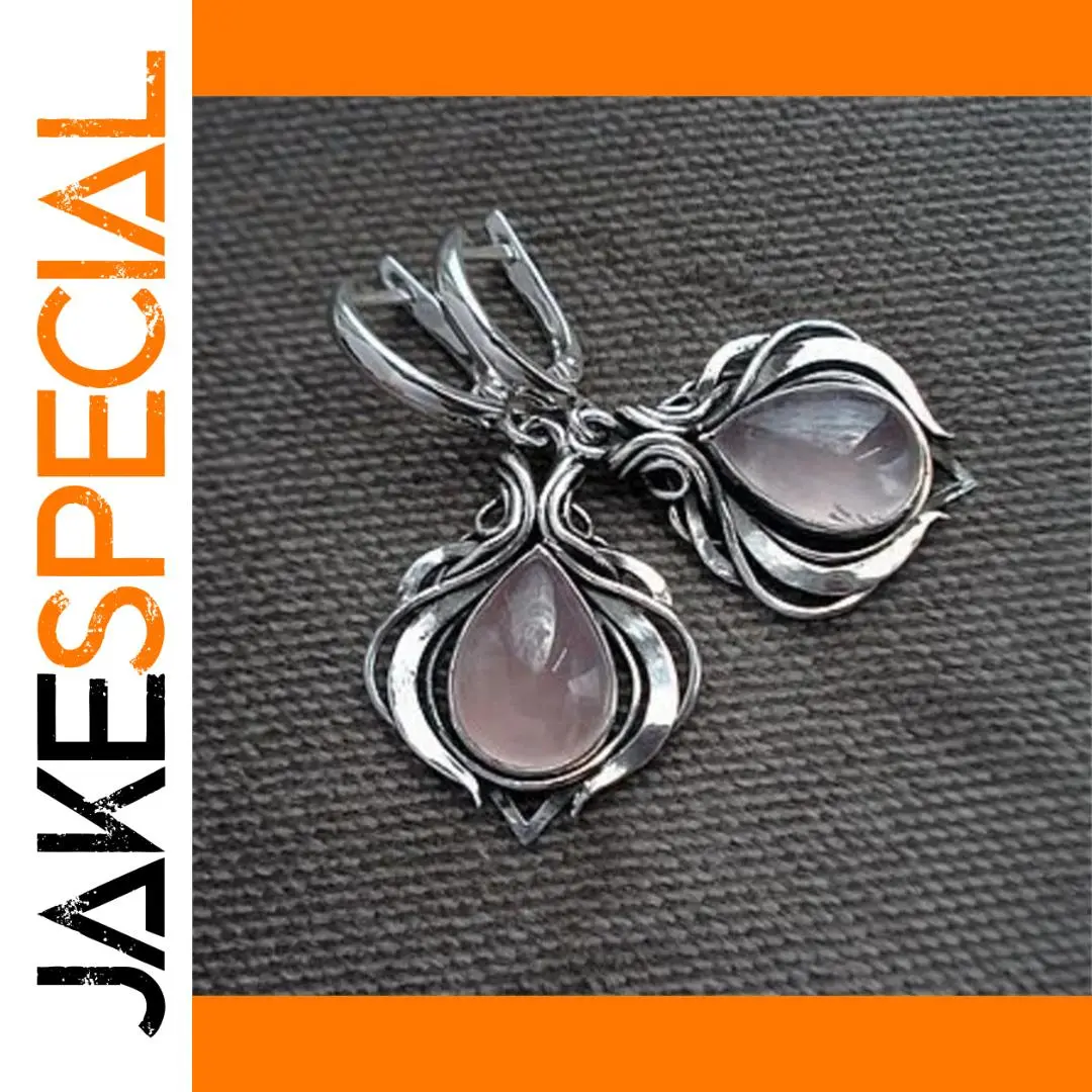 Vintage Silver Water Droplet Earrings with Pink Stones 1 Vintage Silver Water Droplet Earrings with Pink Stones