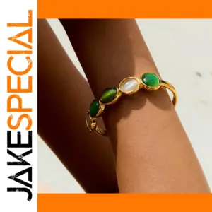 Stainless Steel Green and White Cabochon Bracelet