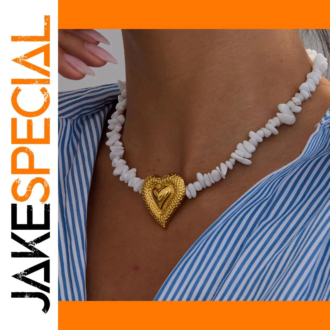 Gold Heart Necklace with Crushed Stone Pattern 1 Gold Heart Necklace with Crushed Stone Pattern