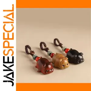 Wooden Zodiac Pig Keychain with Stainless Steel