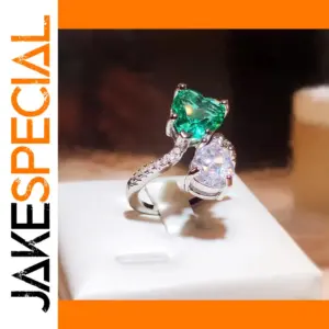 Silver Heart Engagement Ring with Green Cubic Zirconia