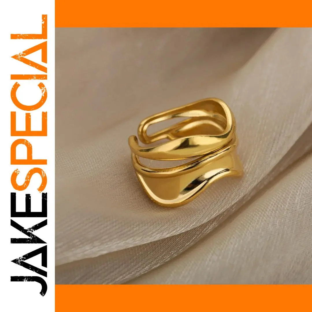 Gold Wave Adjustable Ring with Double-Line Pattern 1 Gold Wave Adjustable Ring with Double-Line Pattern