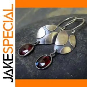 Ethnic Bronze Drop Earrings with Red Stone