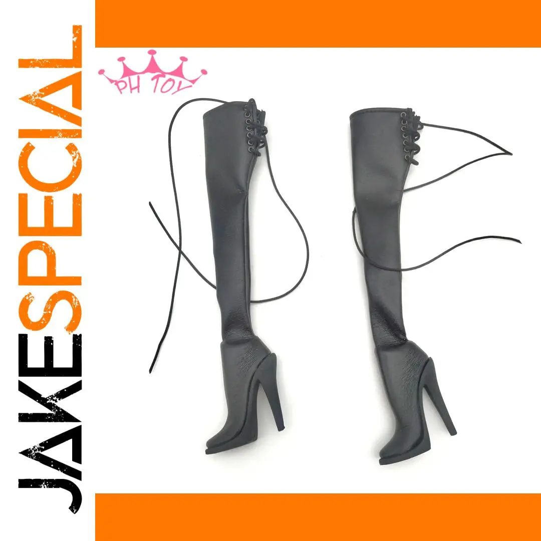 1/6 Scale Black Leather-Style High-Heeled Boots 1 1/6 Scale Black Leather-Style High-Heeled Boots