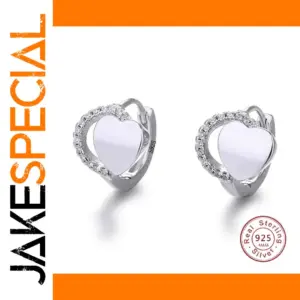 Heart-Shaped Silver Hoop Earrings with Zircon Stones
