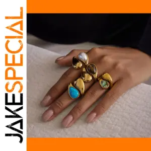 Vintage Stainless Steel Gold-Tone Turquoise Ring Set