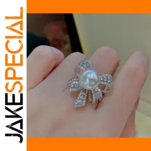 Pearl & Crystal Bow Adjustable Ring for Women
