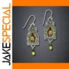Vintage Owl Drop Earrings with Lime-Green Accents