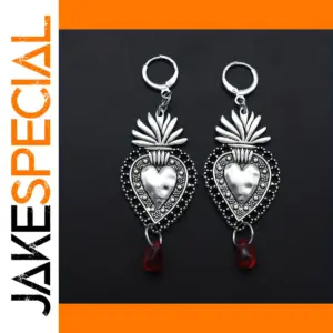Vintage Silver Heart Earrings with Red Beads