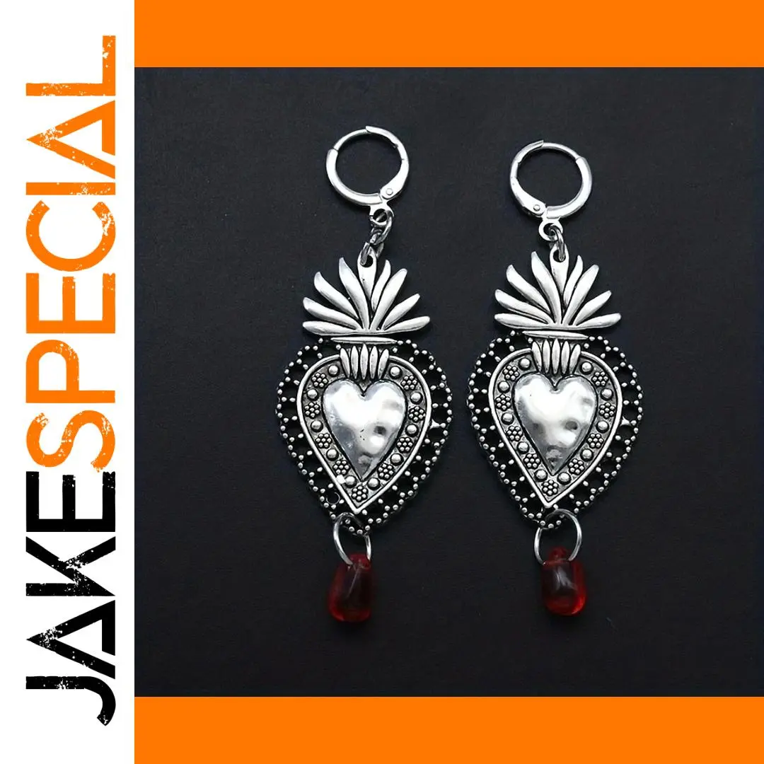 Vintage Silver Heart Earrings with Red Beads 1 Vintage Silver Heart Earrings with Red Beads