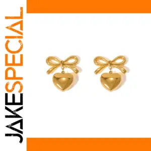 Elegant Gold-Tone Stainless Steel Bow Heart Earrings