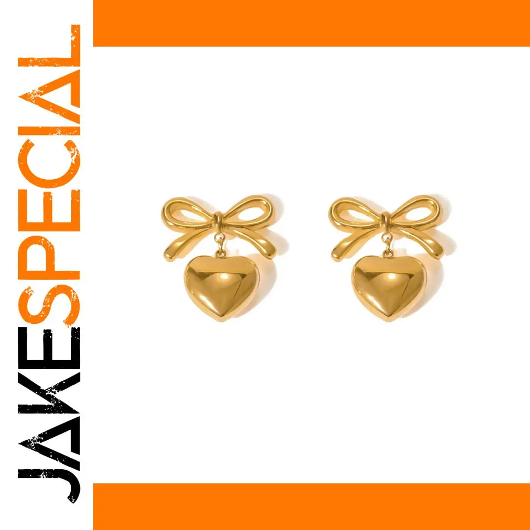 Elegant Gold-Tone Stainless Steel Bow Heart Earrings 1 Elegant Gold-Tone Stainless Steel Bow Heart Earrings