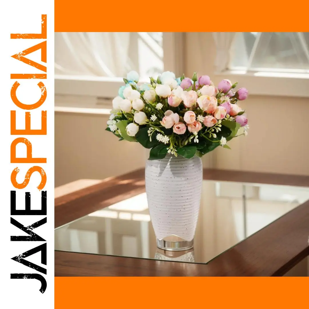 Elegant Pastel Silk Rose Bouquet in White Vase 1 Elegant Pastel Silk Rose Bouquet in White Vase