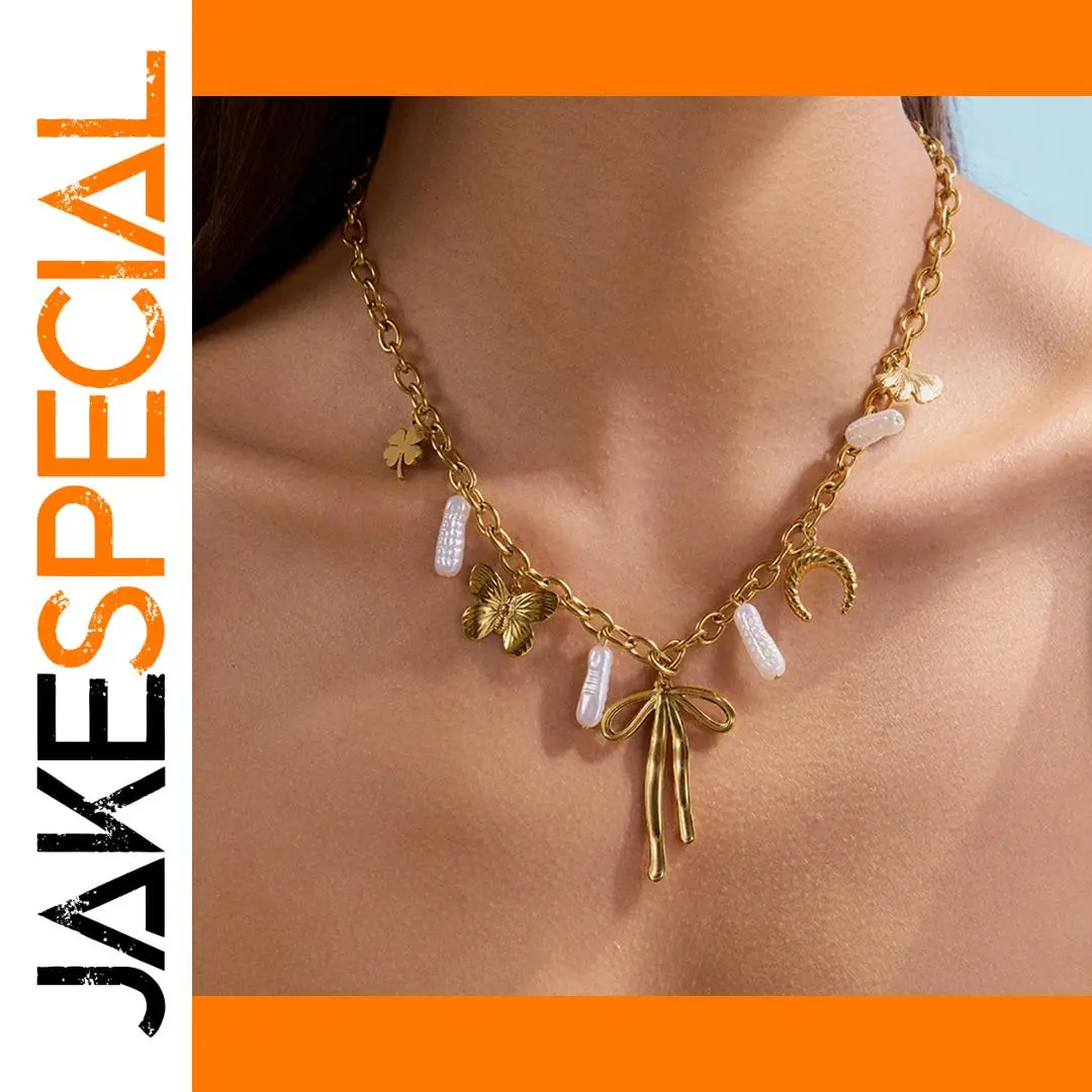 Elegant Gold Stainless Steel Women's Necklace with Charms 1 Elegant Gold Stainless Steel Women's Necklace with Charms